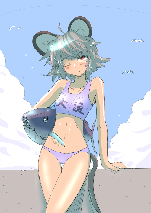 ;) animal_ears bare_shoulders bikini bird closed_mouth crossed_legs fish grey_hair ishikkoro mouse_ears mouse_tail navel nazrin one_eye_closed red_eyes short_hair sketch smile solo sports_bikini standing swimsuit tail touhou