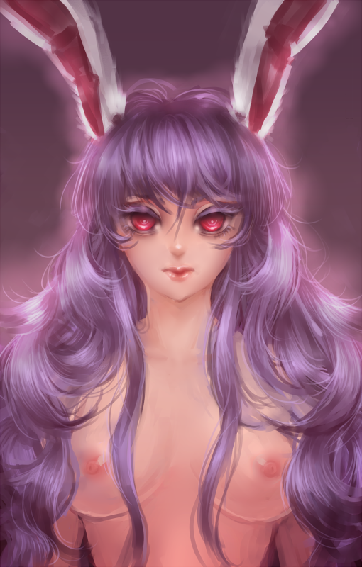 animal_ears breasts bunny_ears colored_eyelashes expressionless large_breasts lips long_hair looking_at_viewer nipples nude purple purple_background purple_hair red_eyes reisen_udongein_inaba sheryth solo staring touhou upper_body