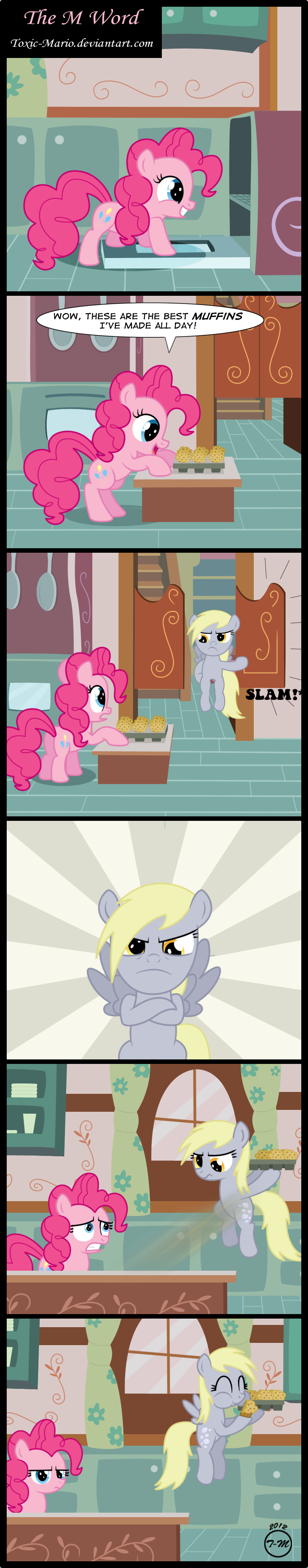 angry blonde_hair blue_eyes comic cutie_mark derpy_hooves_(mlp) door eating english_text equine female feral food friendship_is_magic fur grey_feathers grey_fur hair horse inside mammal muffin my_little_pony oven pegasus pink_fur pink_hair pinkie_pie_(mlp) pony text toxic-mario window wings