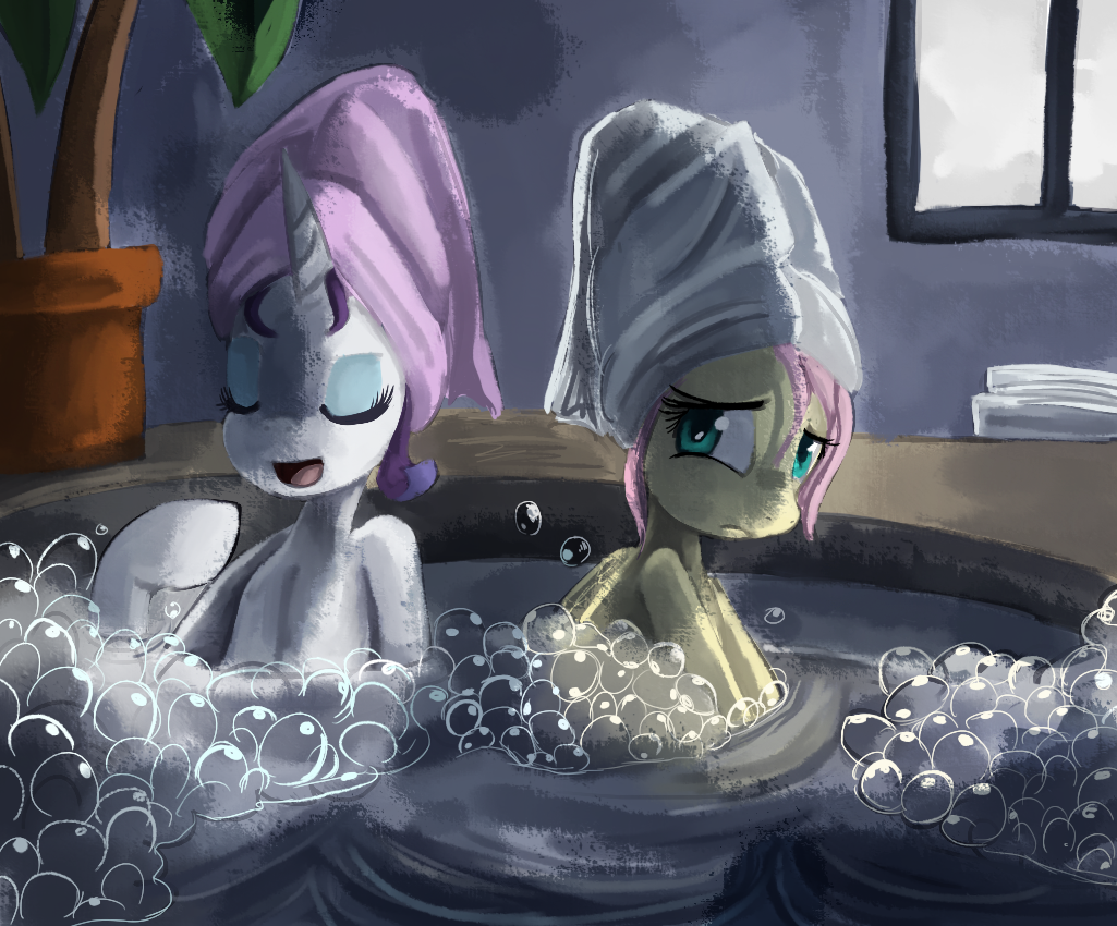 anthrofied bathtub bread-crumbz browser bubble bubbles duo equine female fluttershy_(mlp) friendship_is_magic horn horse mammal my_little_pony pegasus plant pony rarity_(mlp) towel unicorn water window wings