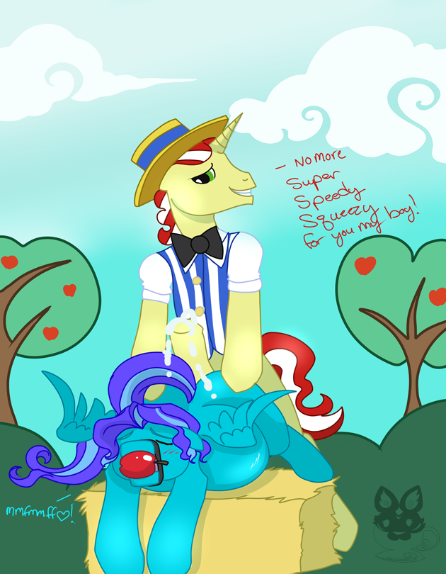 blush bow_tie clothing duskfall english_text equine flam_(mlp) friendship_is_magic from_behind fruit gag gay hair hat hay horn horse hot_dogging male mammal my_little_pony outside pegasus pony ravindra sex text tree two_tone_hair wings wood