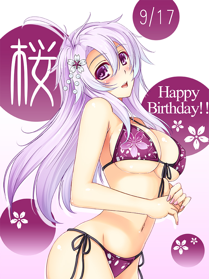 :d bare_shoulders bikini blush breasts character_name cu-no dated floral_print front-tie_top hair_ornament happy_birthday hisenkaede large_breasts lavender_hair looking_at_viewer nail_polish navel official_art open_mouth purple_eyes shiny shiny_skin side-tie_bikini simple_background smile solo swimsuit underboob yayoi_sakura