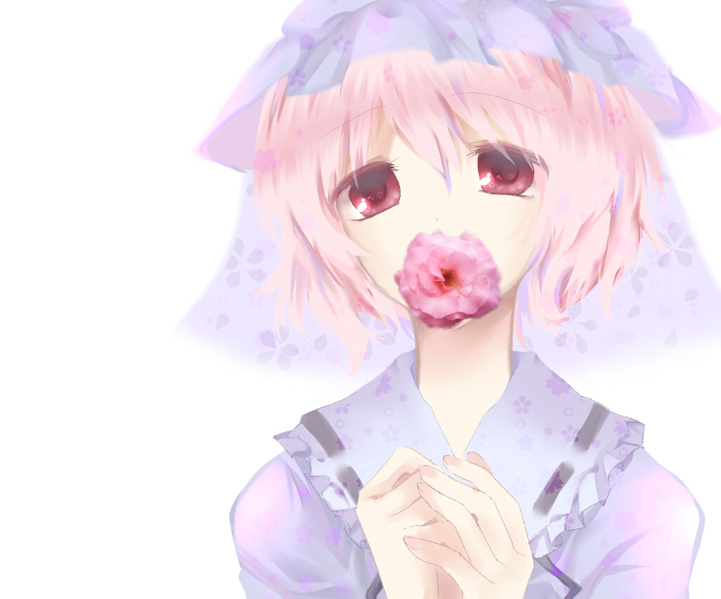 flower hat kanasaki mouth_hold pink_eyes pink_hair rose saigyouji_yuyuko short_hair solo touhou white_background