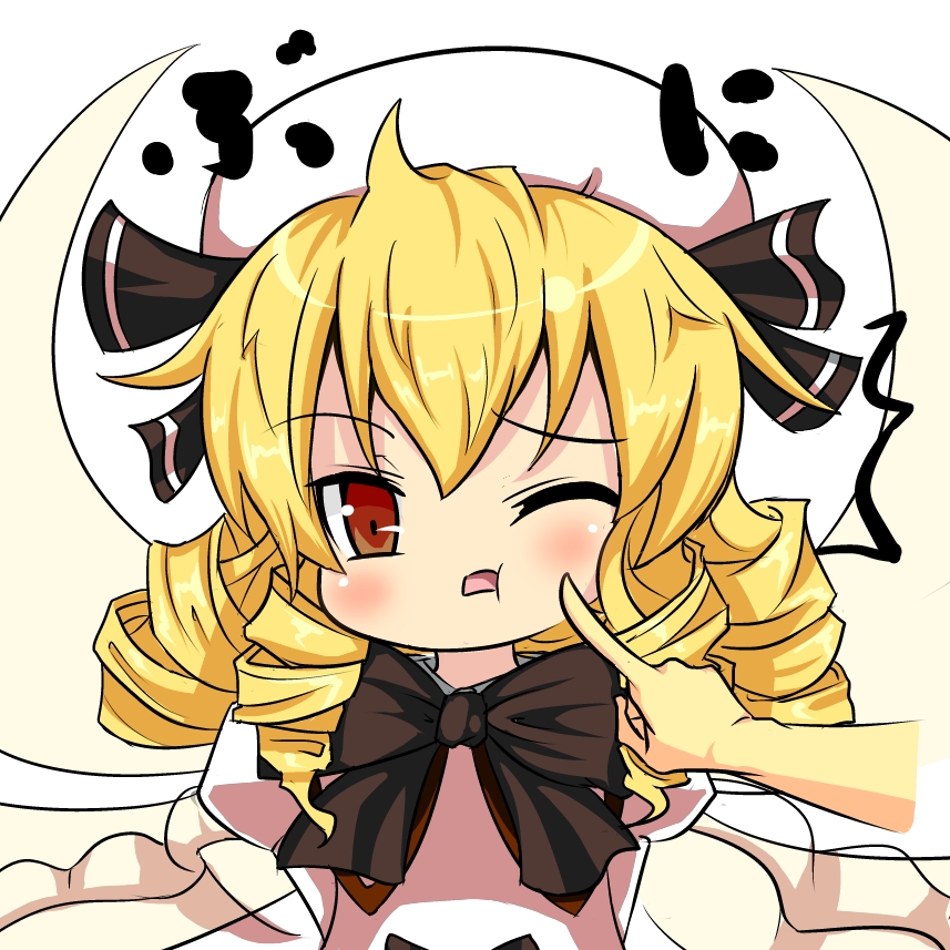 1girl blonde_hair blush bow cheek_poking drill_hair fairy_wings hands hat kururunpa luna_child one_eye_closed open_mouth poking puffy_sleeves red_eyes solo touhou white_background wings