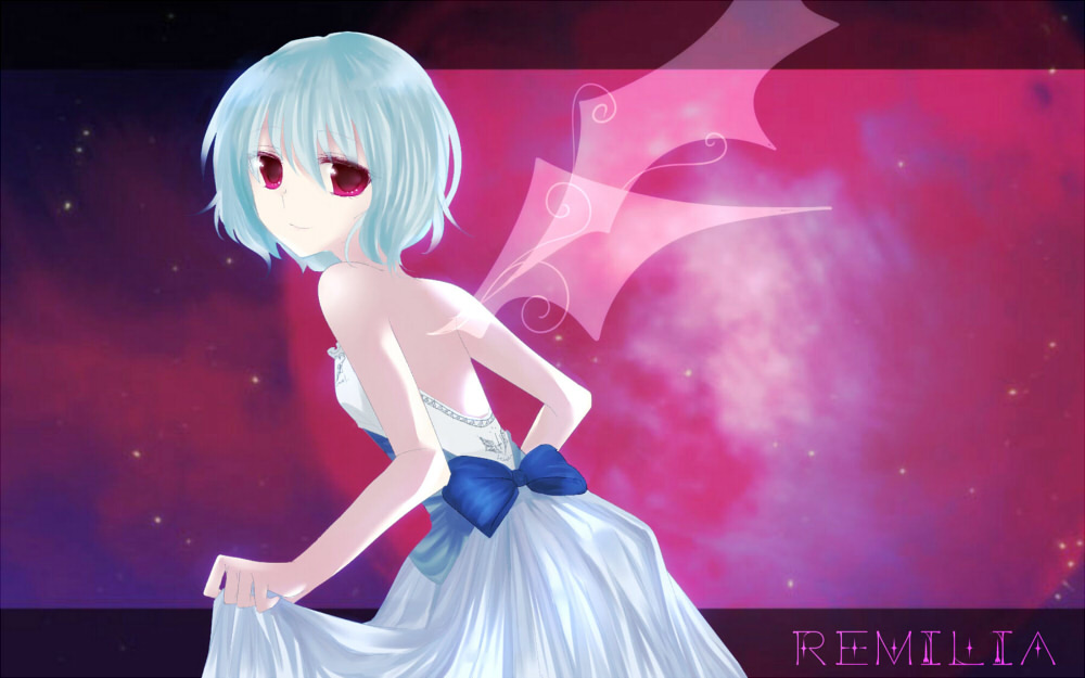 alternate_costume backless_dress backless_outfit bare_back bare_shoulders blue_hair character_name dress kanasaki red_eyes remilia_scarlet short_hair sleeveless solo strapless strapless_dress touhou transparent white_dress wings