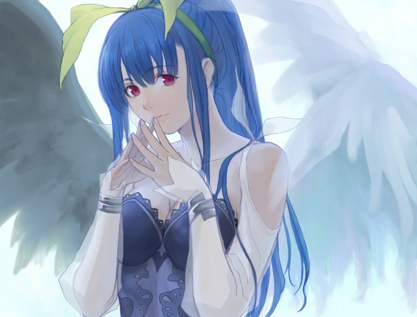 asymmetrical_wings bare_shoulders blue_hair bow breasts cleavage detached_sleeves dizzy feathers guilty_gear guilty_gear_2 hair_bow hair_ribbon kanata_(alezan) large_breasts long_hair looking_at_viewer ponytail red_eyes ribbon solo wings