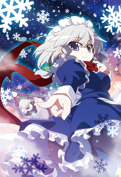 akaneya apron black_legwear blue_eyes izayoi_sakuya juliet_sleeves long_sleeves looking_at_viewer looking_back maid maid_headdress outstretched_arm outstretched_hand pantyhose perfect_cherry_blossom puffy_sleeves red_scarf scarf shirt silver_hair skirt skirt_set smile snowflakes solo spell_card touhou upskirt waist_apron