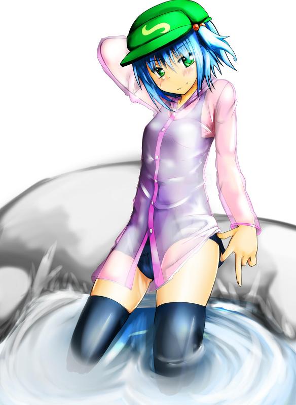 bad_id bad_pixiv_id black_legwear blue_hair blush green_eyes hair_bobbles hair_ornament hat kawashiro_nitori ku-ba long_sleeves one-piece_swimsuit school_swimsuit see-through short_hair smile solo swimsuit swimsuit_under_clothes thighhighs touhou two_side_up water