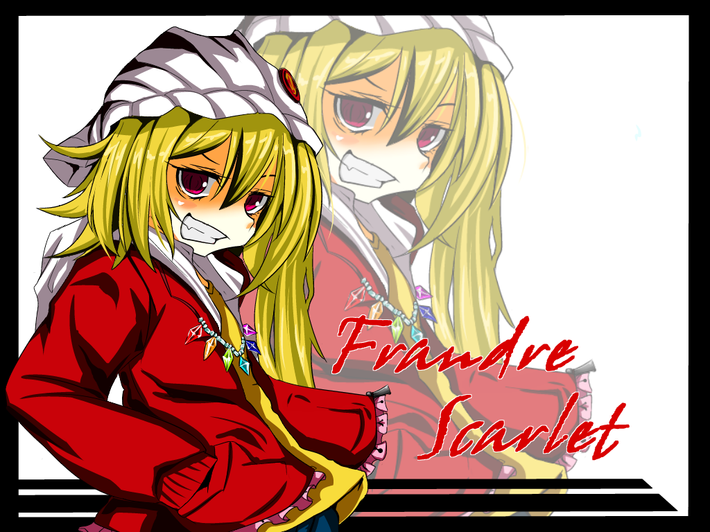 alternate_costume alternate_headwear blonde_hair character_name crystal flandre_scarlet grin jacket jewelry kururunpa long_hair red_eyes side_ponytail smile solo touhou