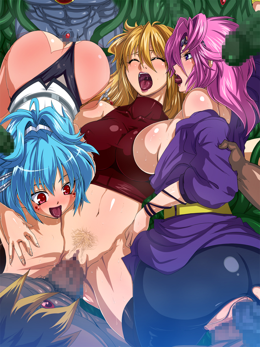 alfimi anal anus ass banned_artist blonde_hair blue_eyes blue_hair blush breasts censored closed_eyes covered_nipples doggystyle excellen_browning group_sex highres impossible_clothes kyousuke_nanbu large_breasts lemon_browning licking lipstick long_hair makeup mosaic_censoring multiple_boys multiple_girls multiple_persona navel open_clothes open_mouth penis pink_hair pubic_hair purple_eyes pussy raburebo red_eyes saliva sex short_hair smile super_robot_wars super_robot_wars_original_generation tongue