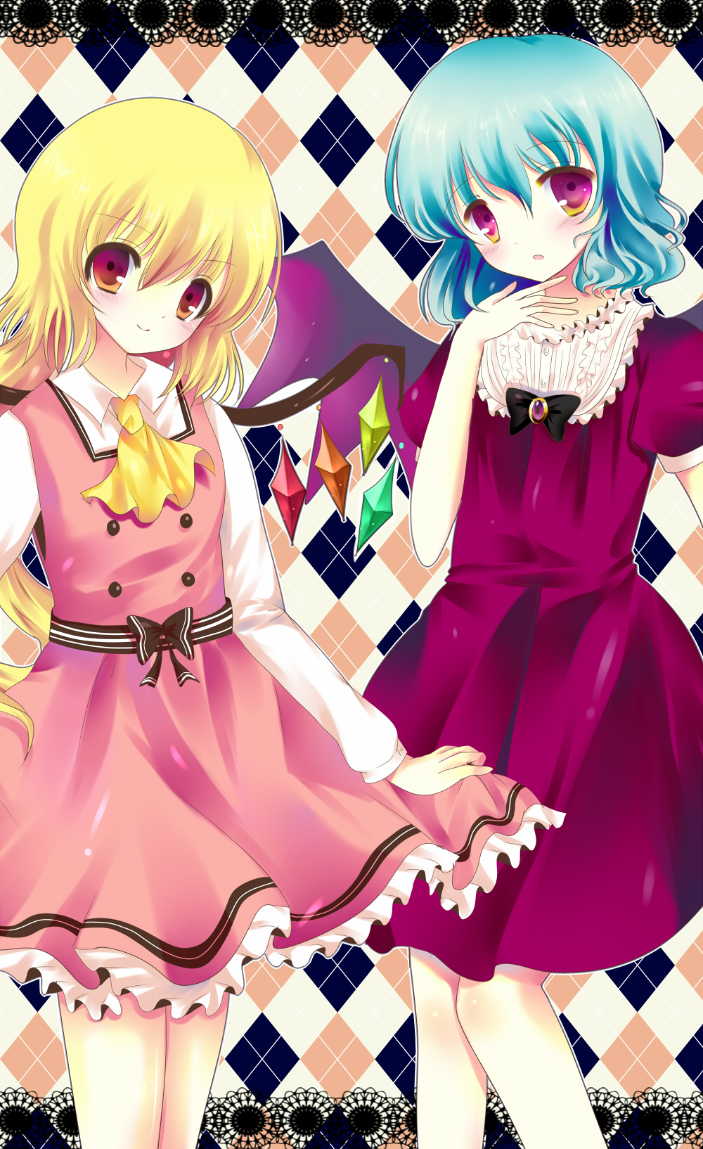 alternate_costume ascot bad_id bad_pixiv_id bat_wings blonde_hair blue_hair blush bow crystal flandre_scarlet highres long_sleeves multicolored multicolored_eyes multiple_girls open_mouth puffy_sleeves purple_eyes remilia_scarlet short_hair short_sleeves smile touhou wings yamio yellow_eyes
