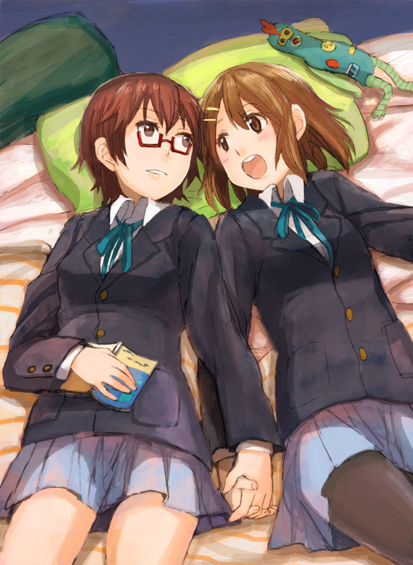 bed brown_eyes brown_hair fukutarou_(enji127) glasses hirasawa_yui holding_hands interlocked_fingers k-on! lying manabe_nodoka multiple_girls pantyhose red-framed_eyewear sakuragaoka_high_school_uniform school_uniform semi-rimless_eyewear short_hair under-rim_eyewear