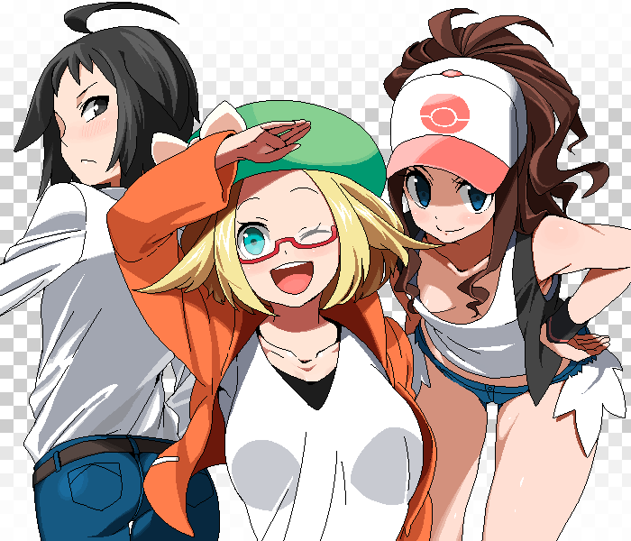 agemono bare_shoulders baseball_cap bel_(pokemon) black_hair blonde_hair blue_eyes brown_hair cheren_(pokemon) collarbone denim denim_shorts glasses green_eyes hat jacket legs multiple_girls one_eye_closed pokemon pokemon_(game) pokemon_bw pokemon_bw2 ponytail semi-rimless_eyewear shorts touko_(pokemon) under-rim_eyewear vest