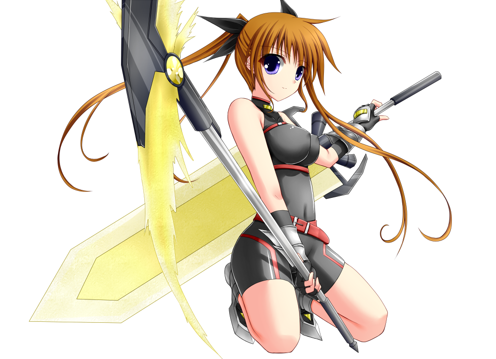 alternate_costume armor bad_id bad_pixiv_id bangs bardiche bare_shoulders belt beltbra beltskirt black_gloves boots breasts brown_hair buckle cosplay covered_navel covered_nipples dual_wielding elbow_gloves energy_sword energy_weapon fate_testarossa fate_testarossa_(cosplay) fingerless_gloves from_side full_body gauntlets gloves greaves hair_ribbon halterneck holding holding_weapon huge_weapon impossible_clothes kneeling large_breasts light_smile long_hair looking_at_viewer lyrical_nanoha magical_girl mahou_shoujo_lyrical_nanoha_strikers polearm purple_eyes ribbon scythe shouyan skin_tight smile solo sword takamachi_nanoha transparent_background turtleneck twintails unitard very_long_hair weapon