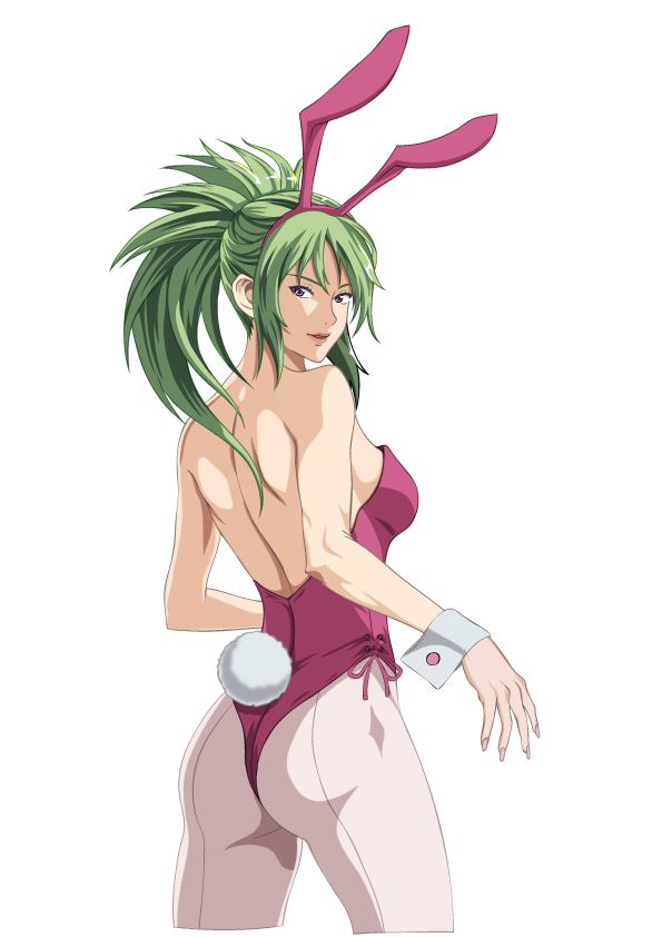 animal_ears ass bad_id bad_pixiv_id breasts bunny_ears bunny_tail bunnysuit green_hair large_breasts long_hair looking_at_viewer original pantyhose ponytail purple_eyes shanaminami smile solo tail transparent_background wrist_cuffs