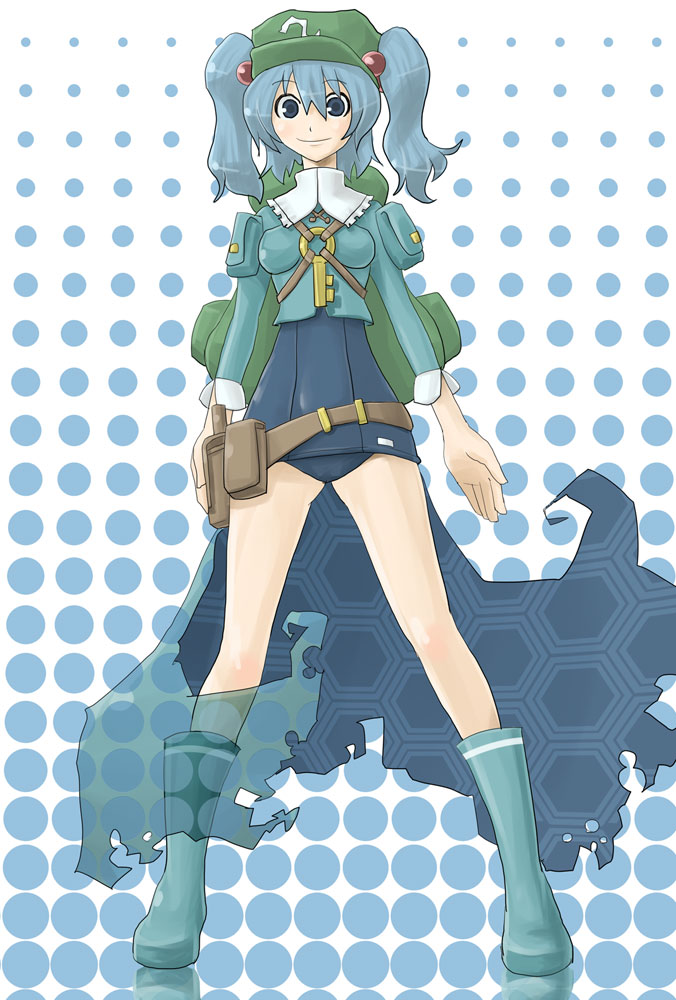 backpack bag belt blue_eyes blue_hair blush boots breasts hair_bobbles hair_ornament hat kawashiro_nitori key medium_breasts one-piece_swimsuit rubber_boots school_swimsuit short_hair skirt smile solo swimsuit touhou two_side_up
