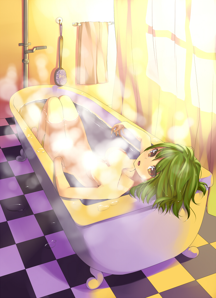 bare_shoulders bathtub breasts cleavage collarbone curtains green_hair medium_breasts open_mouth original partially_submerged short_hair solo steam unasaka_ryou water yellow_eyes