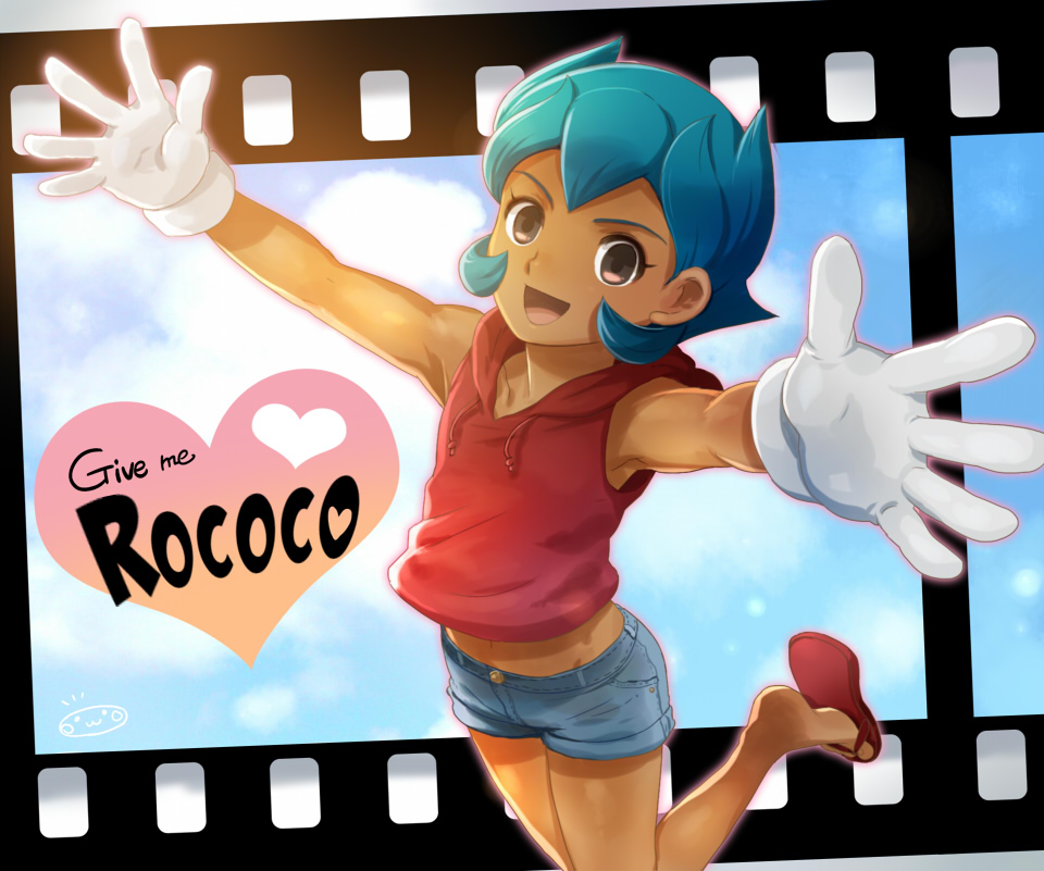 blue_hair brown_eyes character_name cloud denim denim_shorts english film_strip flip-flops gloves hood hoodie hoodie_vest inazuma_eleven inazuma_eleven_(series) male_focus mizuhara_aki open_mouth outstretched_arms rococo_urupa sandals shorts sky smile vest