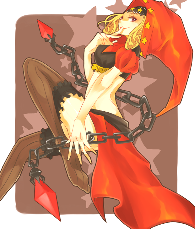 blonde_hair chain cosmosmo05 midriff odin_sphere puff_and_slash_sleeves puffy_sleeves purple_eyes simple_background solo thighhighs velvet_(odin_sphere) weapon