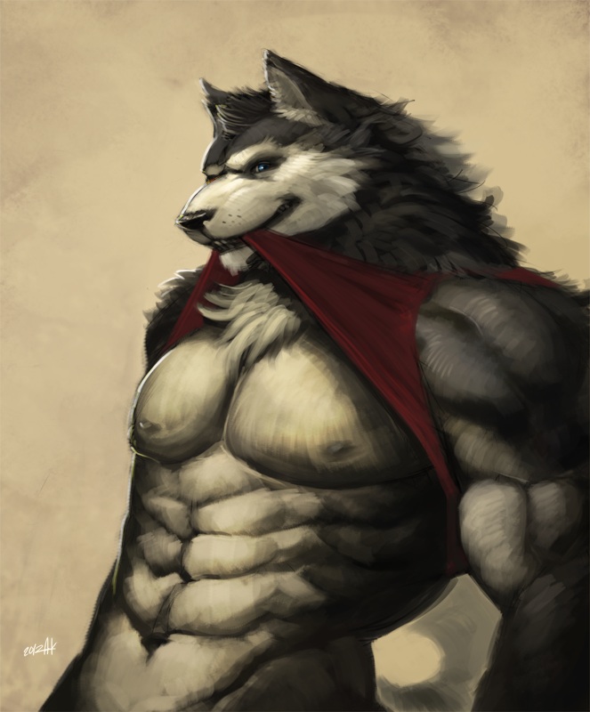 aesthetic_machine anthro biceps blue_eyes bottomless canine chest_tuft clothed clothing dog fur half-dressed husky looking_at_viewer male mammal muscles nipples nude pecs pose shirt shirt_lift solo tank_top topless tuft