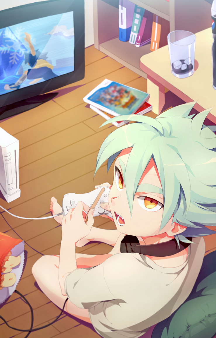bag chips controller food fubuki_atsuya fubuki_shirou game_console game_controller gamepad glass green_hair headphones ice ice_cube inazuma_eleven inazuma_eleven_(game) inazuma_eleven_(series) inazuma_eleven_strikers looking_at_viewer male_focus open_mouth popsicle_stick potato_chips television wato_samirika wii yellow_eyes