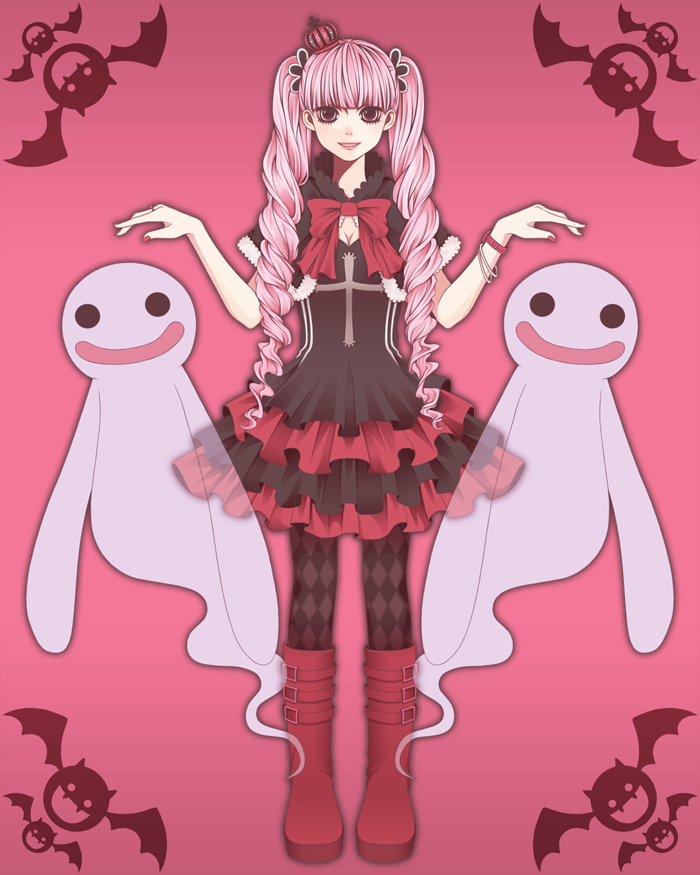 1girl alternate_costume bat_(animal) boots bow capelet crown dress drill_hair female full_body ghost looking_at_viewer one_piece perona pink_background pink_hair poonosuke red_shoes shoes short_cape smile solo standing twintails watch wristwatch