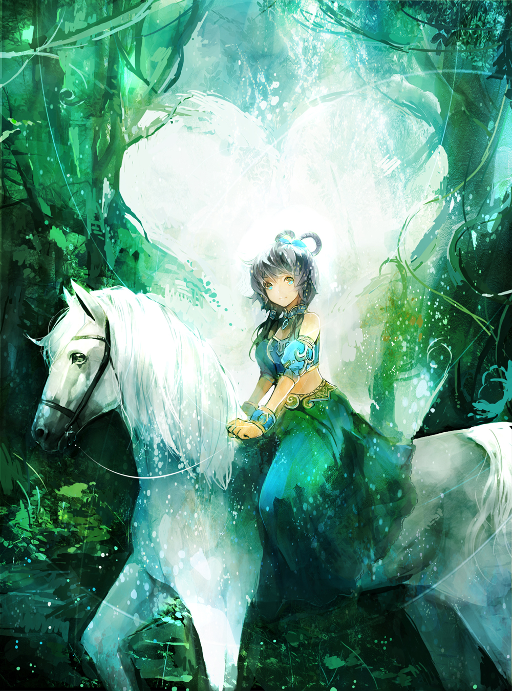 bad_id bad_pixiv_id bracelet detached_sleeves dress forest heart highres horse jewelry luo_tianyi nature smile solo vocaloid vocanese zhuxiao517