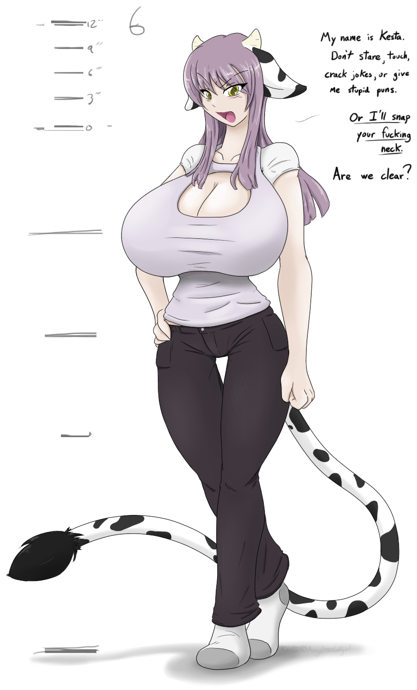 anthro big_breasts bovine breasts cattle cowgirl dialog english_text female hair holstaurus horn huge_breasts kesta_kemeshi looking_at_viewer mammal purple_hair solo text yellow_eyes