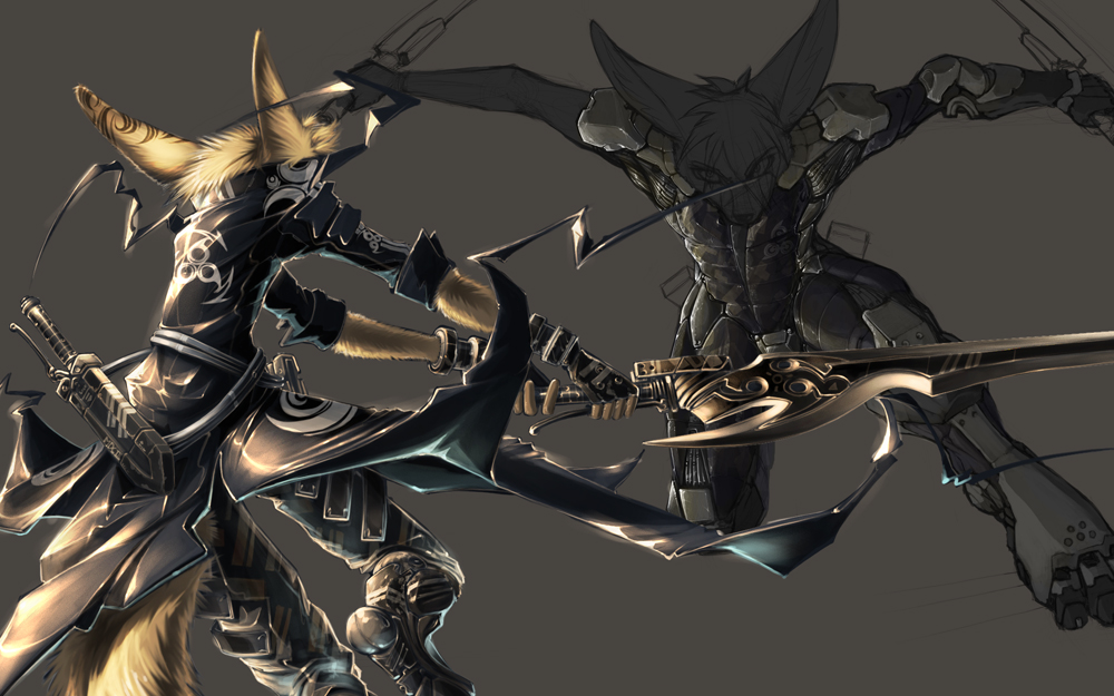 armor blonde_hair canine fennec fight fox hair knives legacy350 legacy350_(artist) male mammal old_vs_new solo suit sword tattoo trench_coat trenchcoat warrior weapon