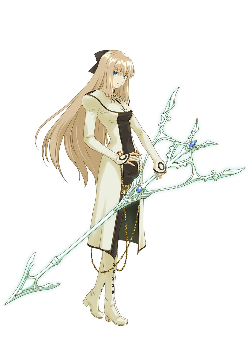 black_legwear blue_eyes boots bow cyril dress hair_bow knee_boots long_hair official_art pantyhose project_x_zone shining_(series) shining_force_exa solo sword weapon white_dress
