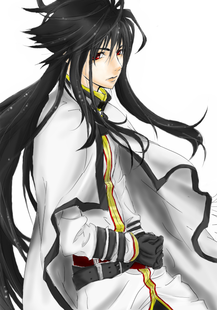 belt black_hair character_request long_hair male male_focus monochrome_factor red_eyes solo