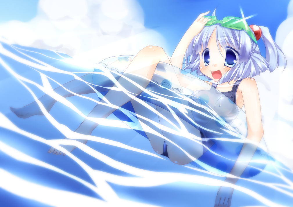 blue_eyes blue_hair cloud day goggles hair_bobbles hair_ornament innertube iyokan-zeri kawashiro_nitori no_hat no_headwear one-piece_swimsuit open_mouth school_swimsuit short_hair sky smile solo swimsuit touhou two_side_up water