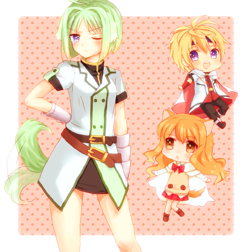 2girls animal_ears blonde_hair brown_eyes brown_hair dog_days dog_ears dog_girl dog_tail eclair_martinozzi green_hair light_green_hair long_hair lowres multiple_girls one_eye_closed purple_eyes ricotta_elmar shinku_izumi short_hair tail tail_wagging tsundere