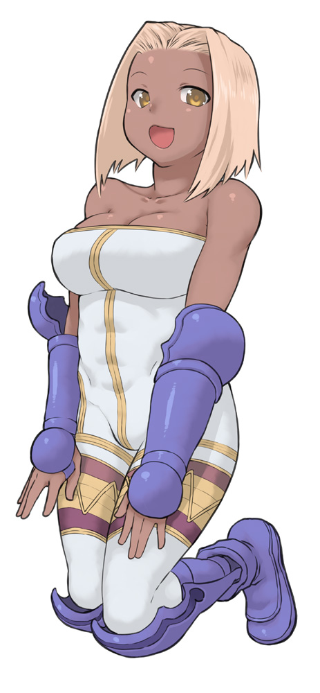 alternate_color bare_shoulders blonde_hair boots breasts bursting_breasts cleavage dark_skin final_fantasy final_fantasy_tactics full_body gauntlets kneeling large_breasts monk_(fft) open_mouth short_hair simple_background smile solo tsukudani_(coke-buta) unitard white_background yellow_eyes