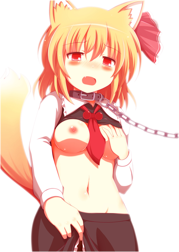 animal_ears ascot bad_id bad_pixiv_id banned_artist blonde_hair blush breasts cat_ears cat_tail chain collar hair_ribbon kemonomimi_mode kisaragi_zwei medium_breasts navel nipples open_mouth pantyhose red_eyes ribbon rumia shirt_lift skirt solo tail touhou