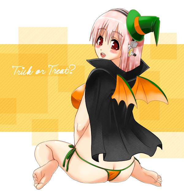 ass bad_id bad_pixiv_id barefoot bat_wings bikini blush butt_crack cape from_behind halloween hat headphones ichi/mine long_hair looking_back nitroplus pink_hair red_eyes sitting super_sonico swimsuit wariza wings witch_hat