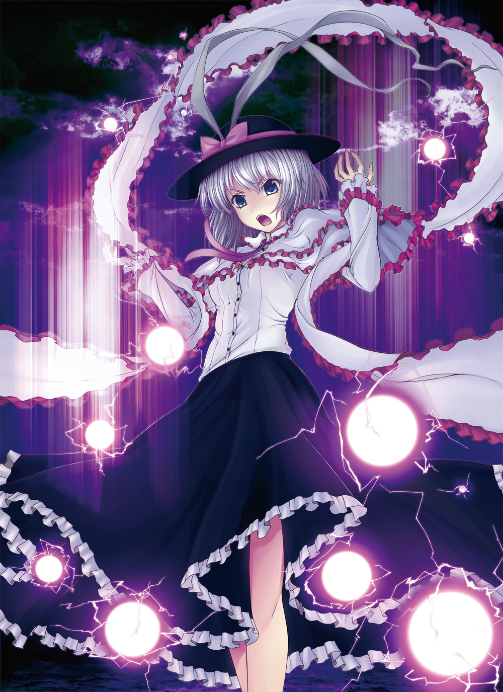 alternate_hair_color arms_up blue_eyes bow breasts capelet e_neko electricity energy_ball hat hat_bow highres long_skirt long_sleeves medium_breasts nagae_iku open_mouth ribbon shawl shirt short_hair silver_hair skirt smile solo touhou