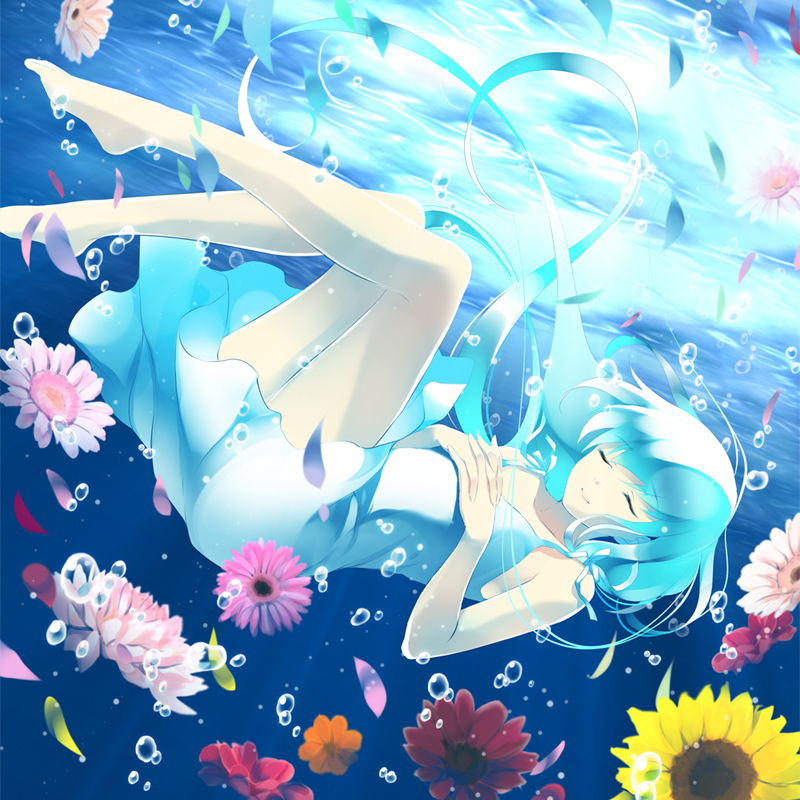 aqua_hair ayase_hazuki barefoot bubble closed_eyes dress flower hands_clasped long_hair original own_hands_together petals solo sundress underwater very_long_hair