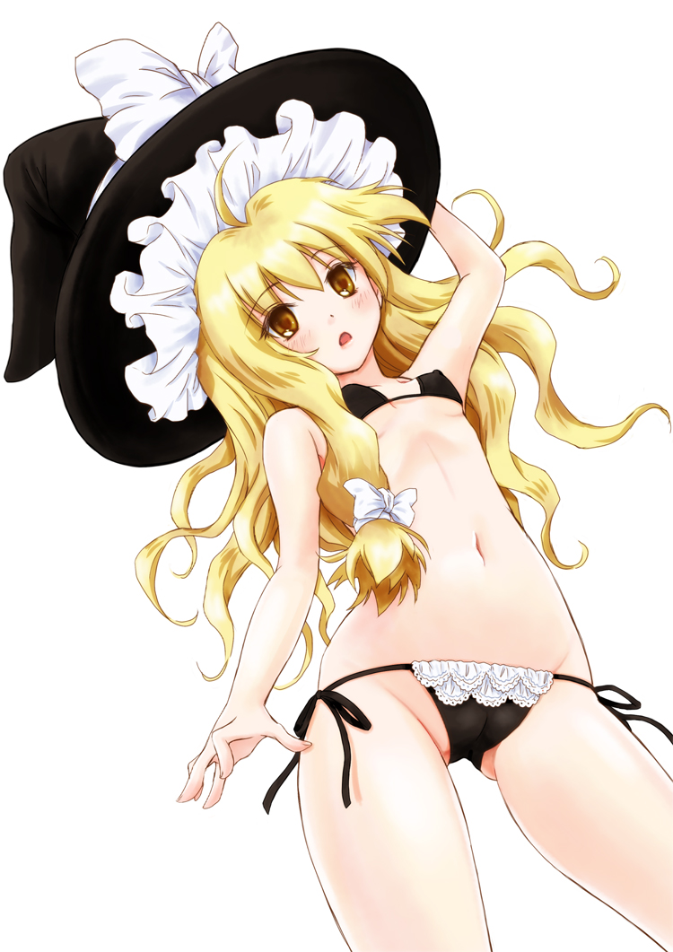 :q bikini black_bikini blonde_hair blush bow breasts cameltoe covered_nipples from_below groin hair_bow hat hat_bow kemomo kirisame_marisa long_hair navel small_breasts solo swimsuit tongue tongue_out touhou white_bow witch_hat yellow_eyes