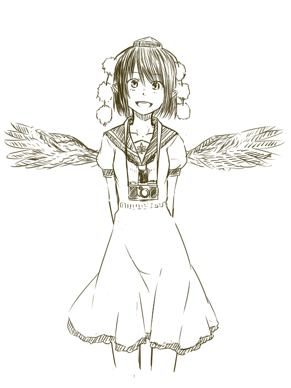 :d alternate_costume arms_behind_back camera collarbone dress feathered_wings hat kawashina_(momen_silicon) looking_at_viewer monochrome neckerchief open_mouth pointy_ears pom_pom_(clothes) sailor_dress shameimaru_aya short_hair sketch smile solo tokin_hat touhou wings