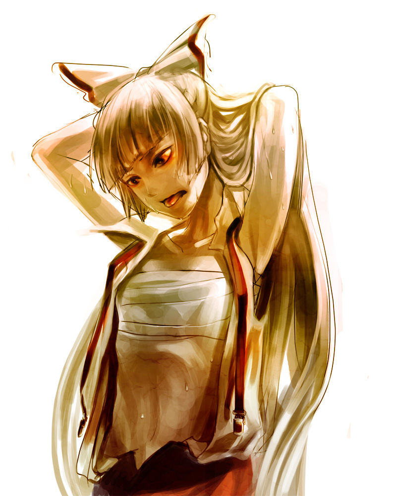 armpits arms_up bow fujiwara_no_mokou hair_bow hot long_hair looking_down mak_(kainemaru) open_clothes open_shirt red_eyes sarashi shirt silver_hair simple_background solo suspenders sweat tongue tongue_out touhou upper_body very_long_hair white_background