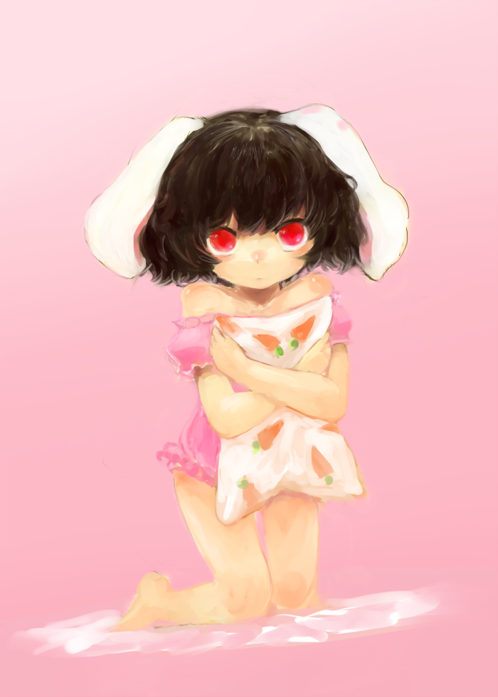 animal_ears bad_id bad_pixiv_id bare_legs bare_shoulders black_hair bunny_ears carrot inaba_tewi kneeling looking_at_viewer maccha_cocoa_(mococo) pillow pillow_hug red_eyes short_hair simple_background solo touhou