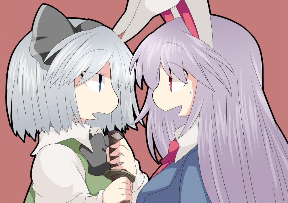 bad_id bad_pixiv_id commentary eye_contact hammer_(sunset_beach) konpaku_youmu long_hair looking_at_another multiple_girls open_mouth reisen_udongein_inaba short_hair sweatdrop touhou