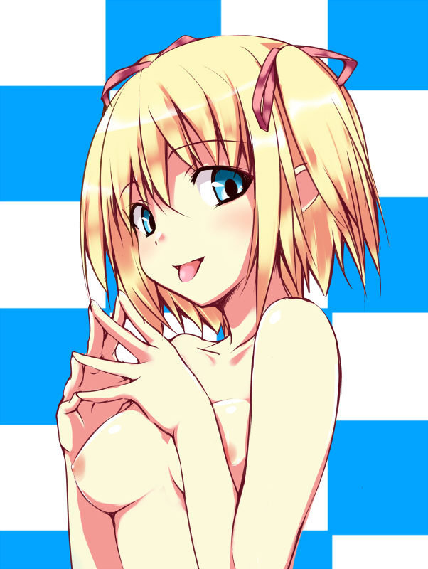 :p alice_margatroid alternate_hairstyle blonde_hair blue_eyes blush breasts hair_ribbon hands_together looking_at_viewer medium_breasts nipples nirap nude open_mouth own_hands_together ribbon short_hair smile solo steepled_fingers tongue tongue_out touhou twintails upper_body