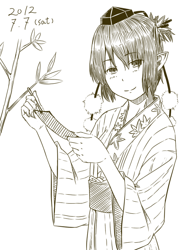 alternate_costume bamboo dated hat holding japanese_clothes kawashina_(momen_silicon) kimono leaf_print looking_at_viewer monochrome pointy_ears pom_pom_(clothes) shameimaru_aya short_hair sketch smile solo tanabata tanzaku tokin_hat touhou wide_sleeves