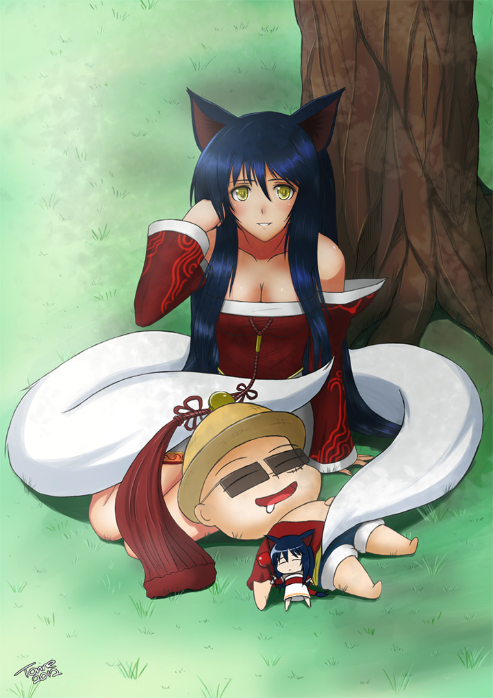 1girl ahri animal_ears artist_self-insert bare_shoulders blue_hair blush breasts cleavage detached_sleeves fox_ears fox_tail league_of_legends long_hair medium_breasts multiple_tails open_mouth saliva signature smile tail tonnelee tree yellow_eyes