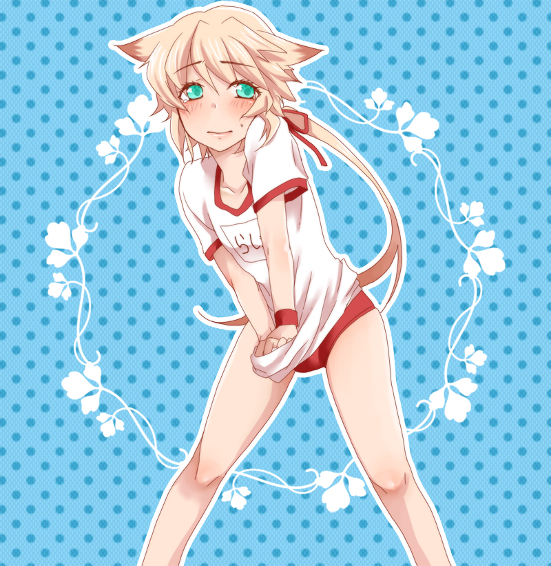 animal_ears blonde_hair blush buruma cat_ears chung_seiker elsword green_eyes gym_uniform hair_flaps hair_ribbon inaworks long_hair male_focus otoko_no_ko ponytail ribbon solo sweat