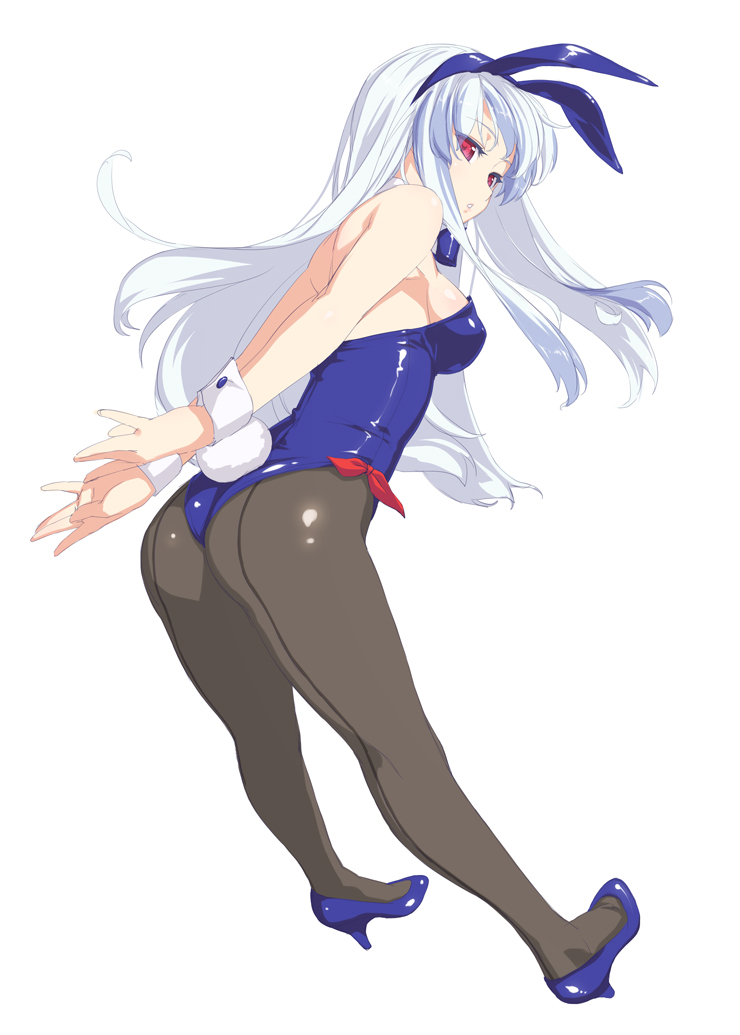 animal_ears ass blue_leotard breasts bunny_ears bunny_tail bunnysuit fake_animal_ears full_body high_heels kamishirasawa_keine leotard long_hair looking_at_viewer medium_breasts pantyhose red_eyes revision rokuwata_tomoe shoes silver_hair simple_background solo tail touhou white_background wrist_cuffs