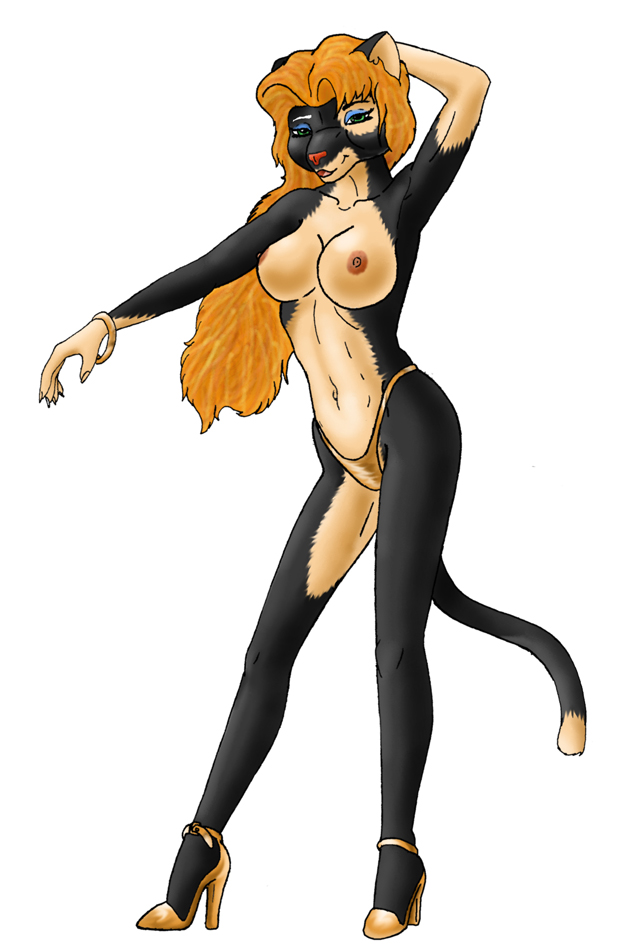breasts cat feline female hair hot_dok_fur looking_at_viewer mammal nipples open_mouth plain_background smile solo