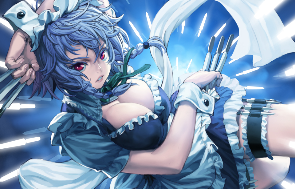 arm_up between_fingers braid breasts cleavage cozy izayoi_sakuya knife large_breasts maid maid_headdress red_eyes silver_hair solo thigh_strap touhou twin_braids wrist_cuffs